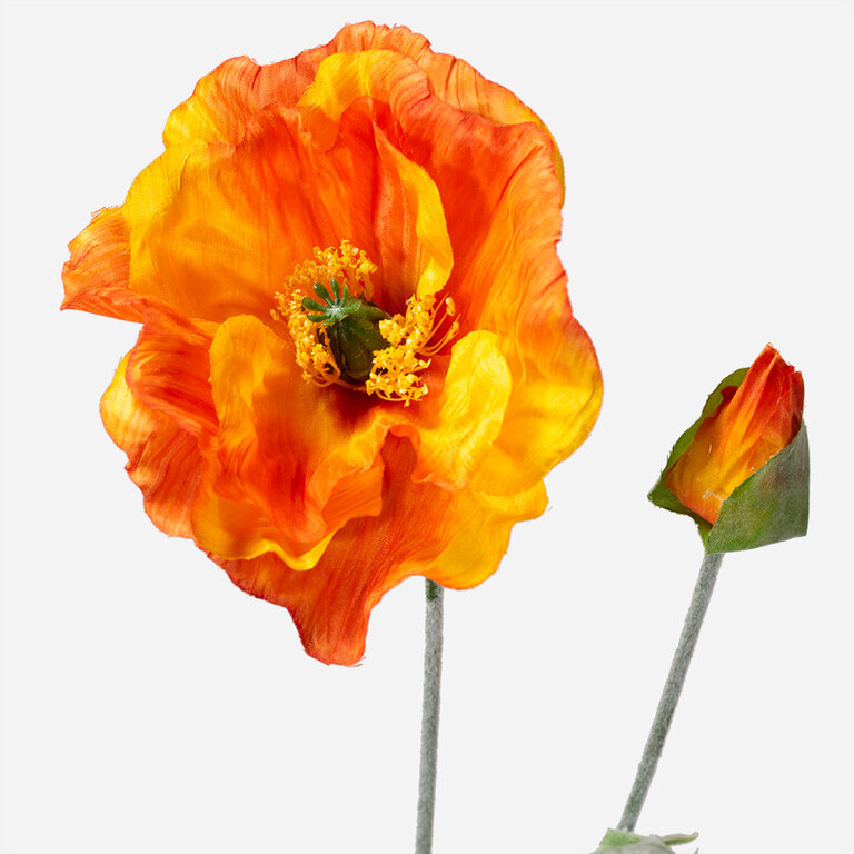Kunststeel Papaver met oranje zijden bloem en groene bladeren is een kunststeel met een natuurgetrouwe uitstraling en een lengte van 70 cm.