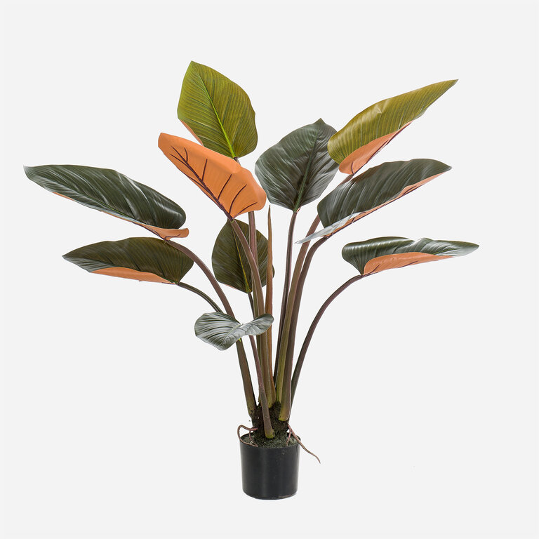 Kunstplant Philodendron met groenbruine bladeren is een middelgrote kunstplant in binnenpot met een natuurgetrouwe uitstraling en een hoogte van 120 cm.