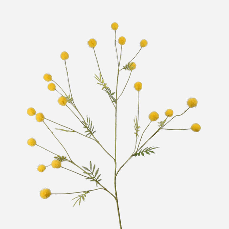 Kunststeel Mimosa met gele bloemen en groene bladeren is een kunststeel met een natuurgetrouwe uitstraling en een lengte van 106 cm.