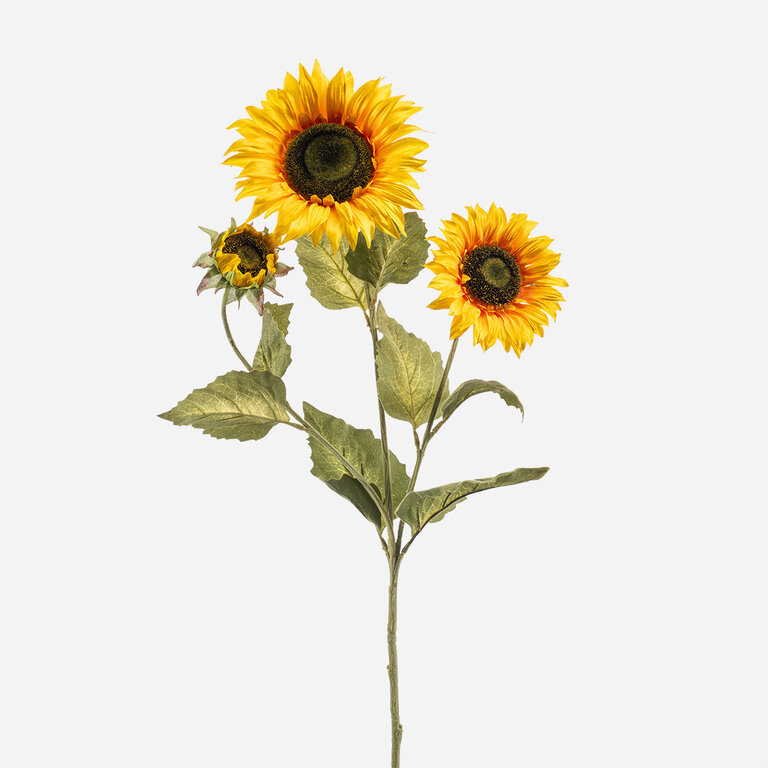 Kunststeel Zonnebloem met gele zijden bloemen en groene bladeren is een kunststeel met een natuurgetrouwe uitstraling en een lengte van 85 cm.