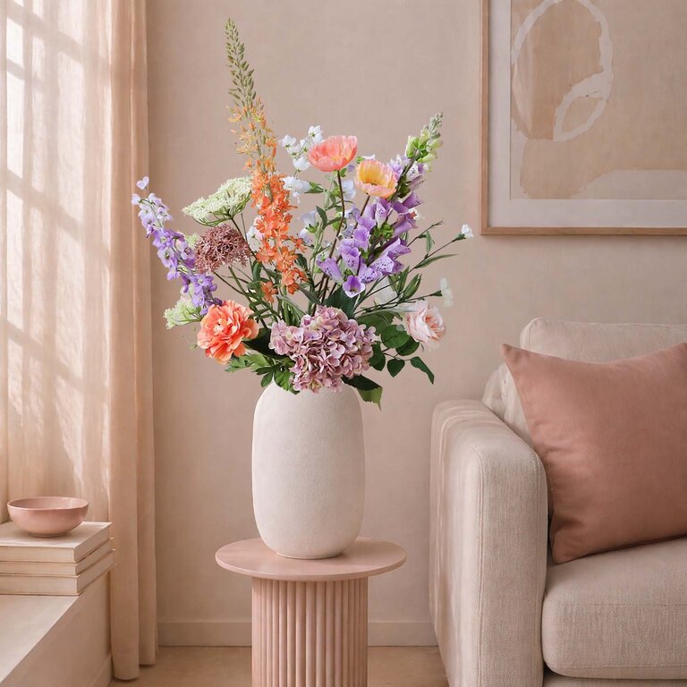 ★ Hét perfecte Moederdag cadeau! ★<br />
Zijden bloemen boeket Noa Balance is een tijdloos en stijlvol boeket van kunstbloemen in paarse, witte, oranje en roze tinten.