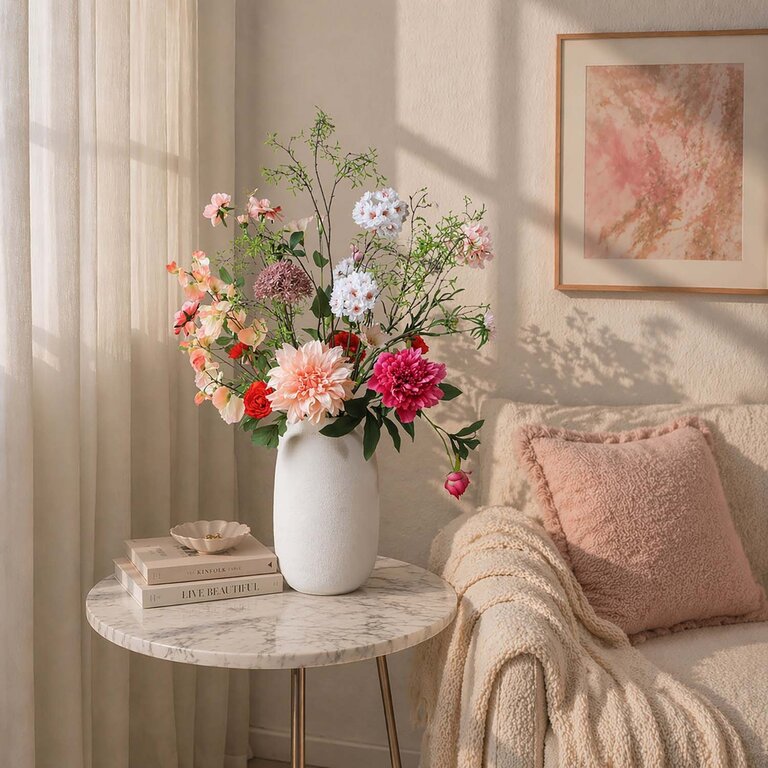 ★ Hét perfecte Moederdag cadeau! ★<br />
Zijden bloemen boeket Suri Lennon is een luchtig en trendy boeket van kunstbloemen in roze, witte, oranje en paarse tinten.