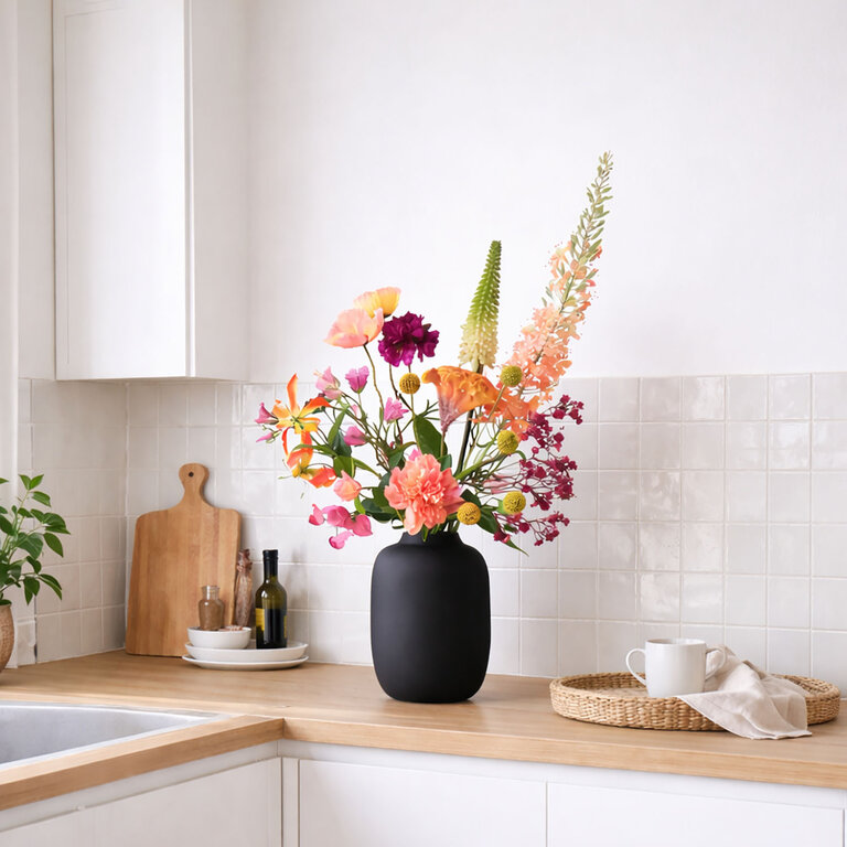 ★ Hét perfecte Moederdag cadeau! ★<br />
Zijden bloemen boeket Amira Sun is een warm en vrolijk veldboeket van kunstbloemen in oranje, roze, gele en paarse tinten.