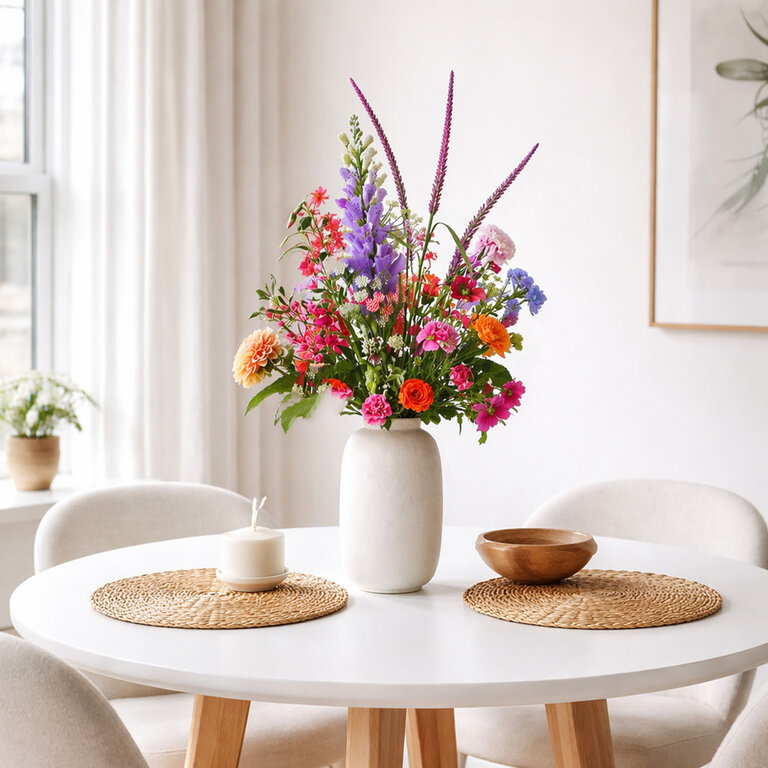 ★ Hét perfecte Moederdag cadeau! ★<br />
Zijden bloemen boeket Amora Hart is een uitbundig boeket van kunstbloemen in paarse, roze, oranje, witte, gele en blauwe tinten.