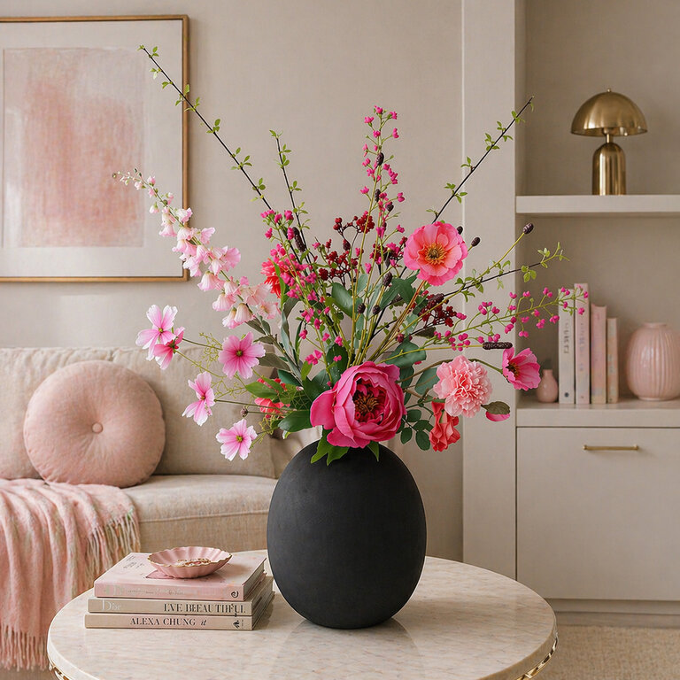 Zijden bloemen boeket Tara Aylin is een sprankelend veldboeket van kunstbloemen in roze tinten.