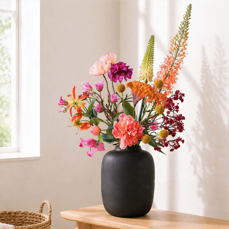 ★ Hét perfecte Moederdag cadeau! ★<br />
Zijden bloemen boeket Amira Sun is een warm en vrolijk veldboeket van kunstbloemen in oranje, roze, gele en paarse tinten.