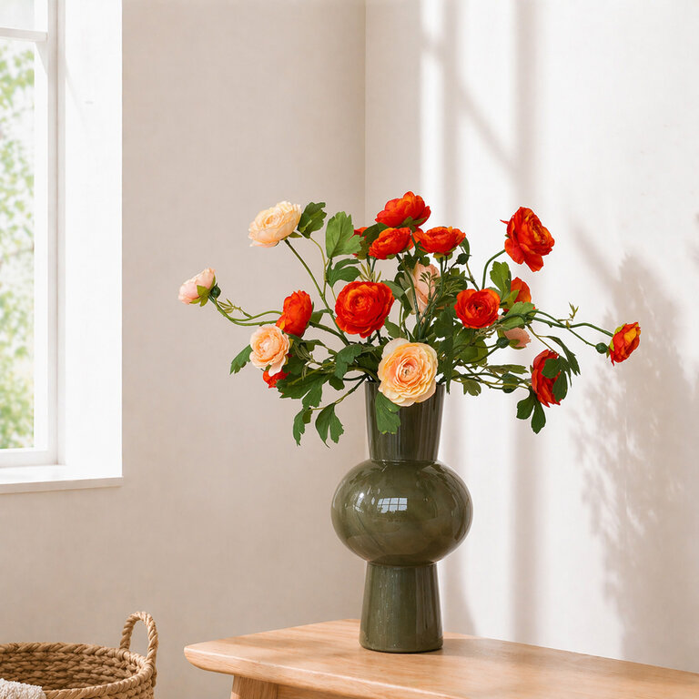 Zijden bloemen boeket Frida Joy is een klein en fris boeket met oranje en gele ranonkels.