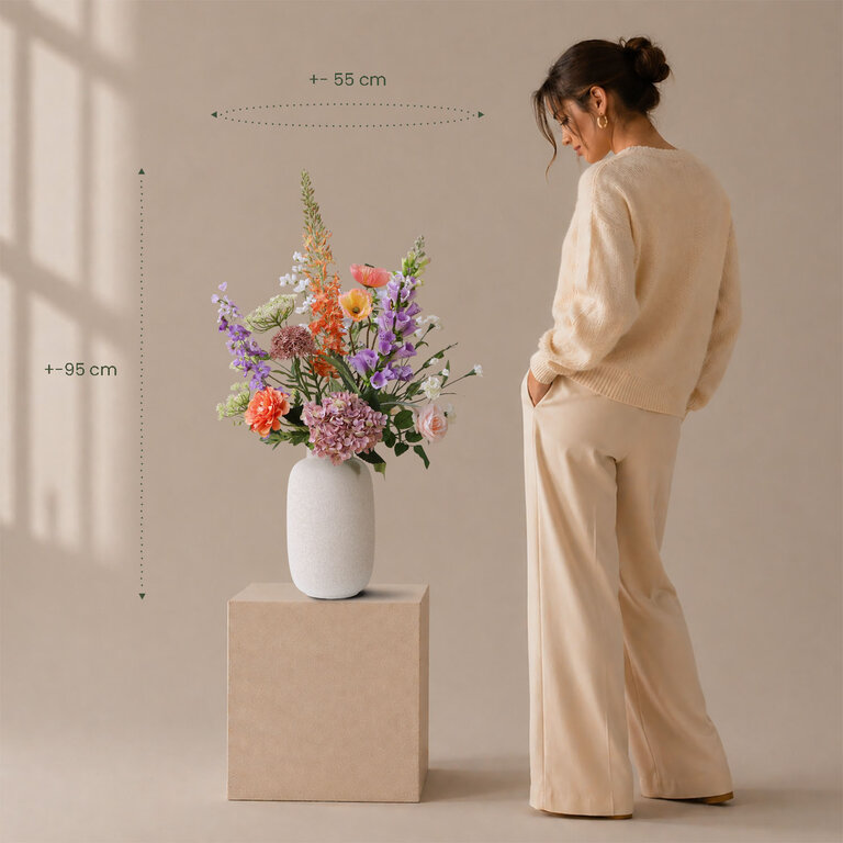 ★ Hét perfecte Moederdag cadeau! ★<br />
Zijden bloemen boeket Noa Balance is een tijdloos en stijlvol boeket van kunstbloemen in paarse, witte, oranje en roze tinten.