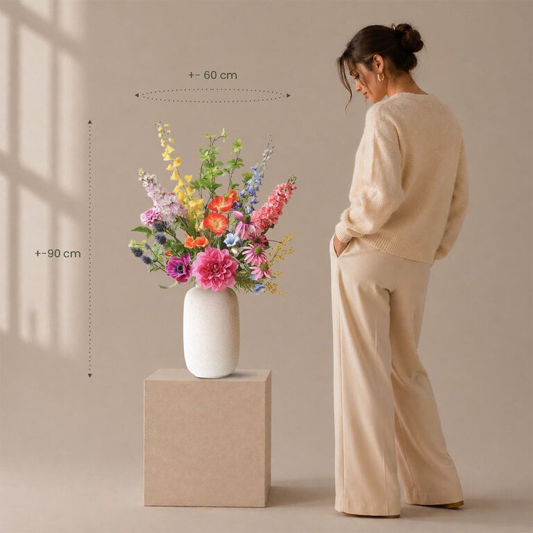 Zijden bloemen boeket Aria Lou is een krachtig en kleurrijk boeket van kunstbloemen in gele, roze, paarse, oranje en blauwe tinten.