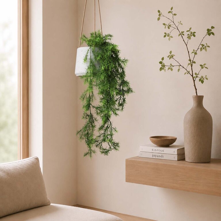 Kunstplant hangend Asparagus Sprengeri met groene bladeren is een hangplant met een natuurgetrouwe uitstraling en een lengte van 75 cm.