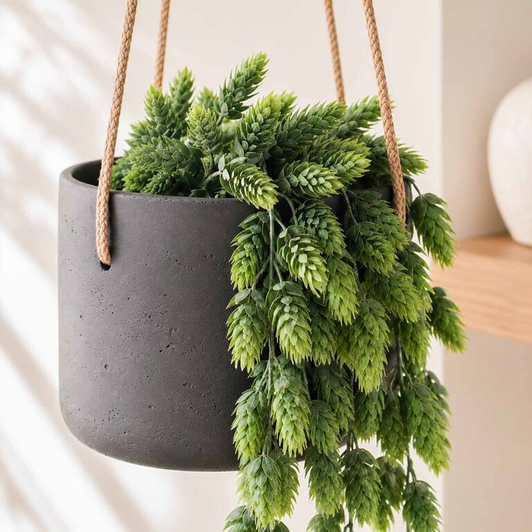 Kunstplant hangend Hop met groene bladeren is een hangplant met een natuurgetrouwe uitstraling en een lengte van 70 cm.