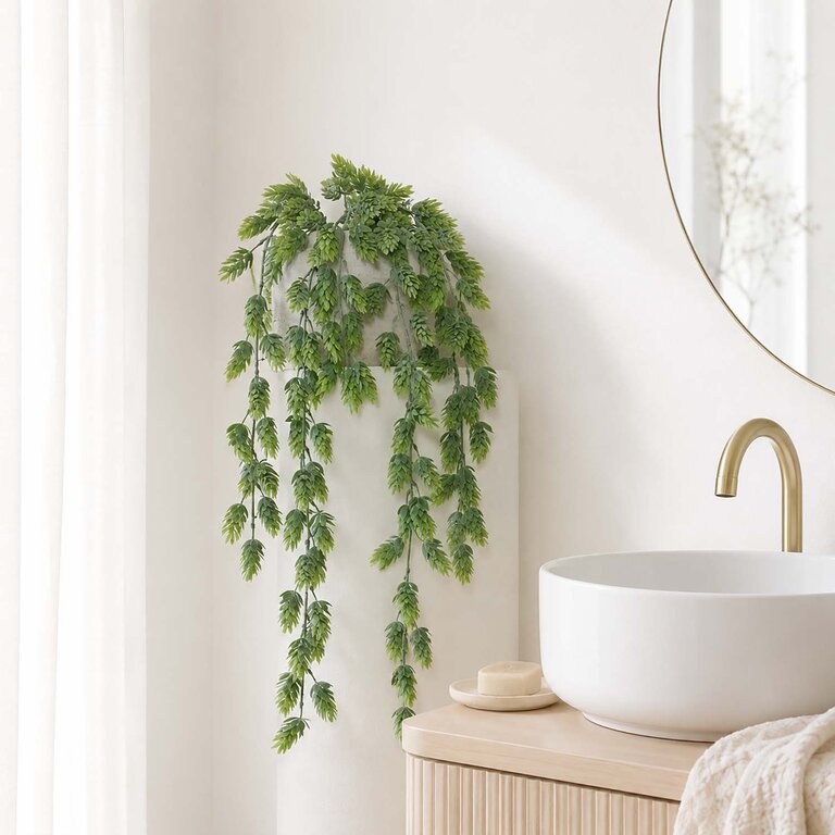 Kunstplant hangend Hop met groene bladeren is een hangplant met een natuurgetrouwe uitstraling en een lengte van 70 cm.