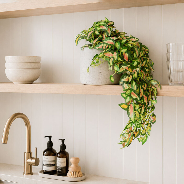 Kunstplant hangend Hoya met groengele bladeren is een hangplant met een natuurgetrouwe uitstraling en een lengte van 50 cm.