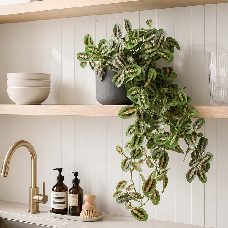Kunstplant hangend Maranta met groenroze bladeren is een hangplant met een natuurgetrouwe uitstraling en een lengte van 70 cm.