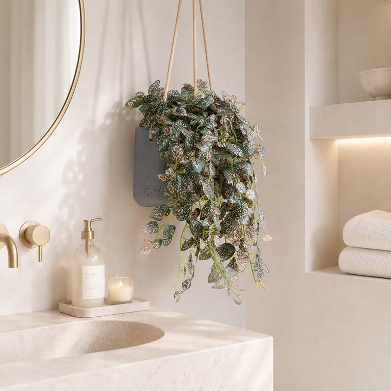 Kunstplant hangend Hypoestes met groenroze bladeren is een hangplant met een natuurgetrouwe uitstraling en een lengte van 50 cm.