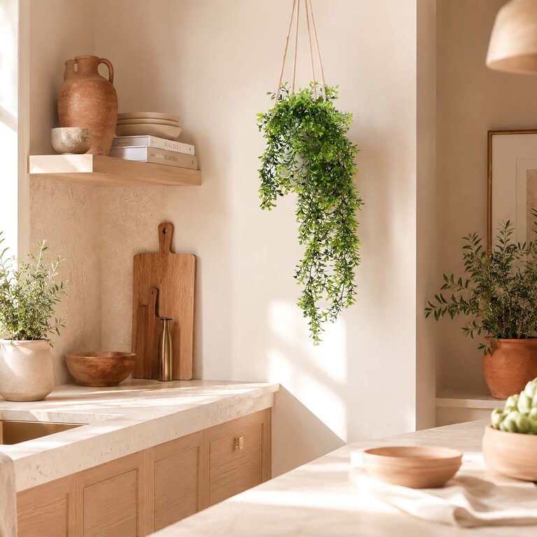Kunstplant hangend Buxus met groene bladeren is een hangplant met een natuurgetrouwe uitstraling en een lengte van 75 cm.