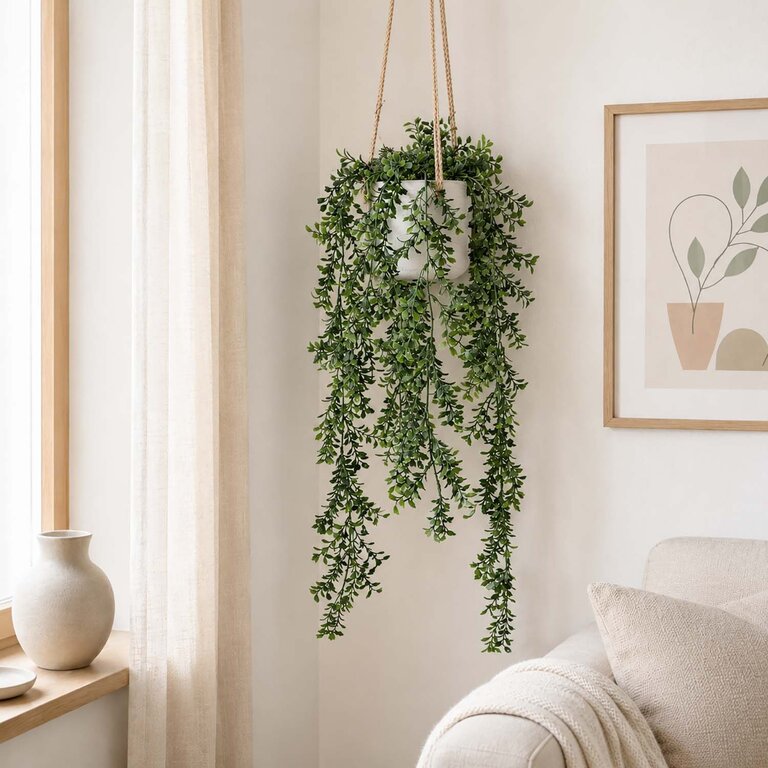 Kunstplant hangend Buxus met groene bladeren is een hangplant met een natuurgetrouwe uitstraling en een lengte van 75 cm.