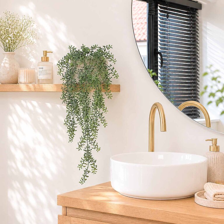 Kunstplant hangend Rhipsalis met groene bladeren is een hangplant met een natuurgetrouwe uitstraling en een lengte van 72 cm.