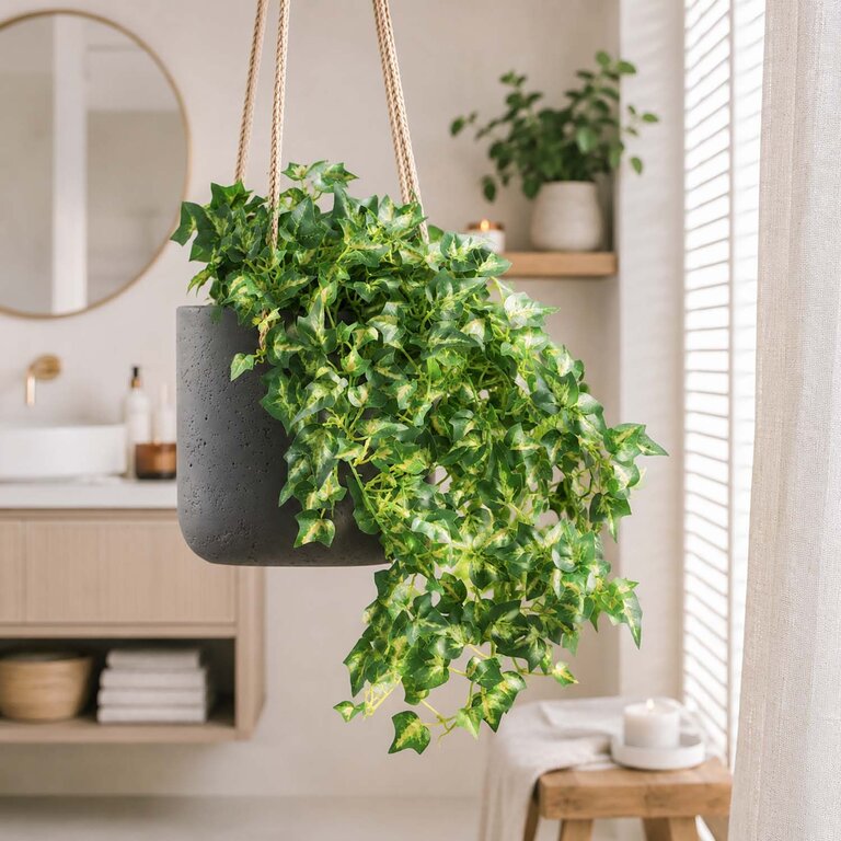 Kunstplant hangend Klimop met groenwitte bladeren is een hangplant met een natuurgetrouwe uitstraling en een lengte van 50 cm.