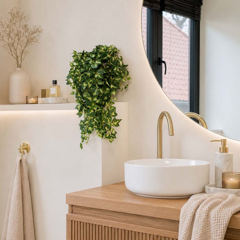 Kunstplant hangend Klimop met groenwitte bladeren is een hangplant met een natuurgetrouwe uitstraling en een lengte van 50 cm.
