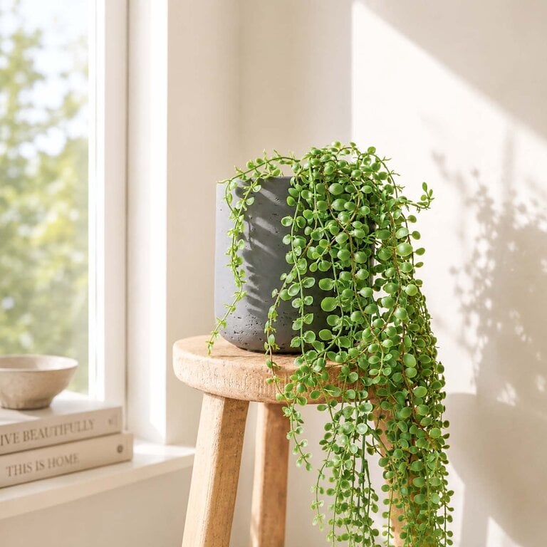 Kunstplant hangend Ficus Pumila met groene bladeren is een hangplant met een natuurgetrouwe uitstraling en een lengte van 100 cm.