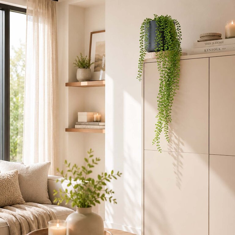 Kunstplant hangend Ficus Pumila met groene bladeren is een hangplant met een natuurgetrouwe uitstraling en een lengte van 100 cm.