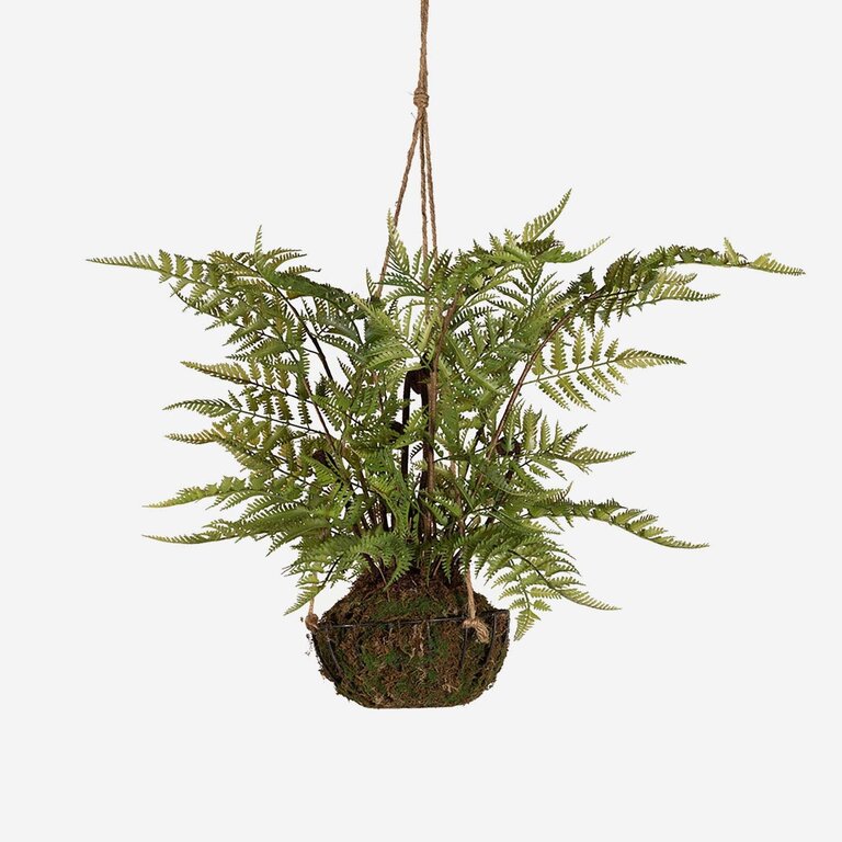 Kunstplant hangend Varen met groene bladeren is een hangplant op ijzeren standaard met een natuurgetrouwe uitstraling en een lengte van 45 cm.