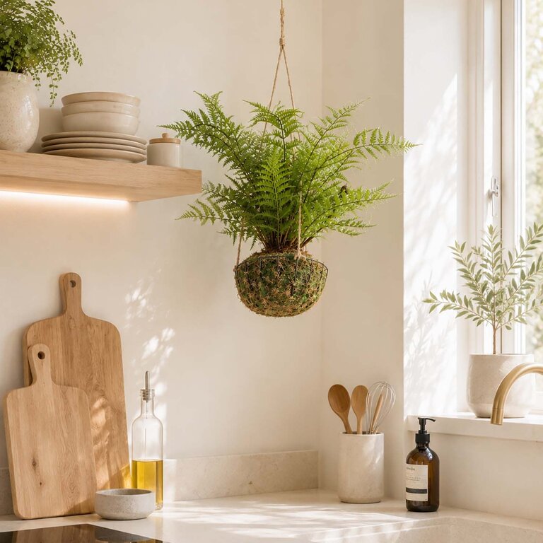 Kunstplant hangend Varen met groene bladeren is een hangplant op ijzeren standaard met een natuurgetrouwe uitstraling en een lengte van 45 cm.