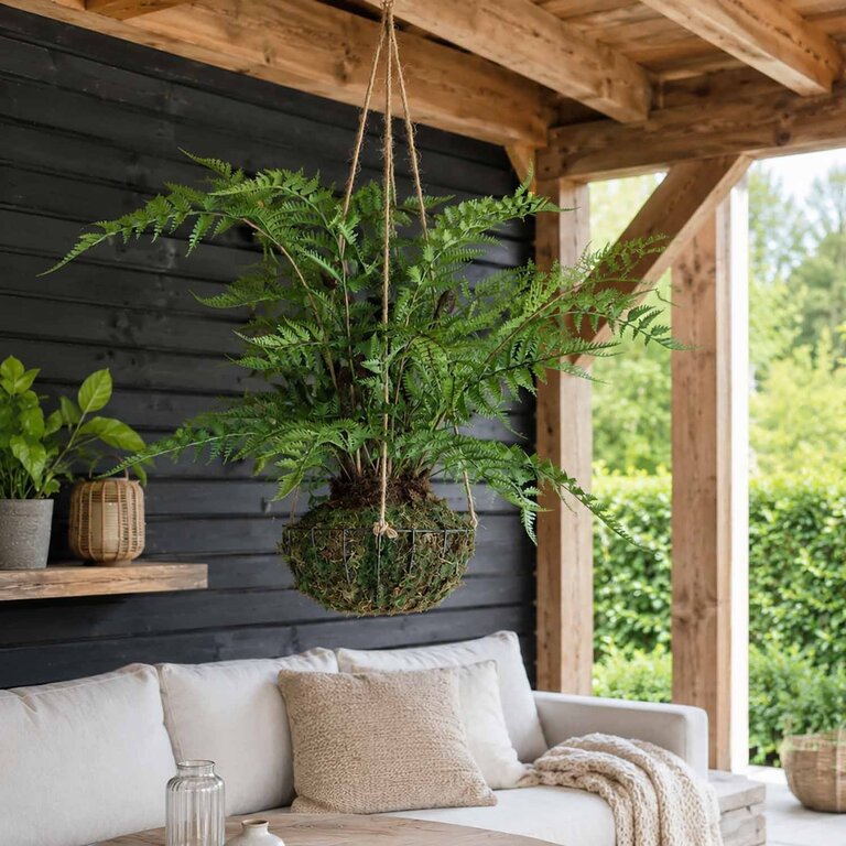 Kunstplant hangend Varen met groene bladeren is een hangplant op ijzeren standaard met een natuurgetrouwe uitstraling en een lengte van 45 cm.