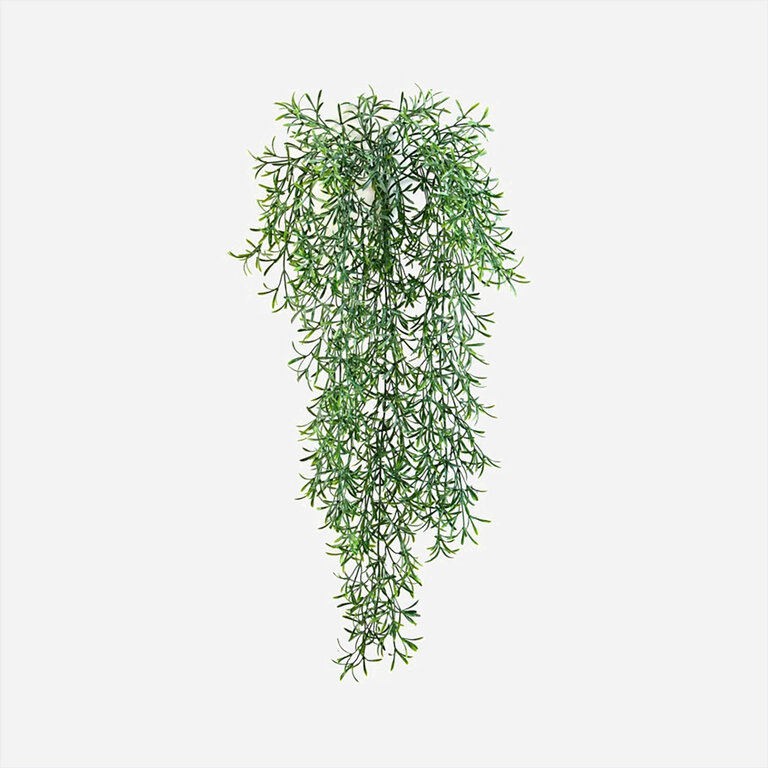 Kunstplant hangend Asparagus Sprengeri met groene bladeren is een hangplant met een natuurgetrouwe uitstraling en een lengte van 70 cm.