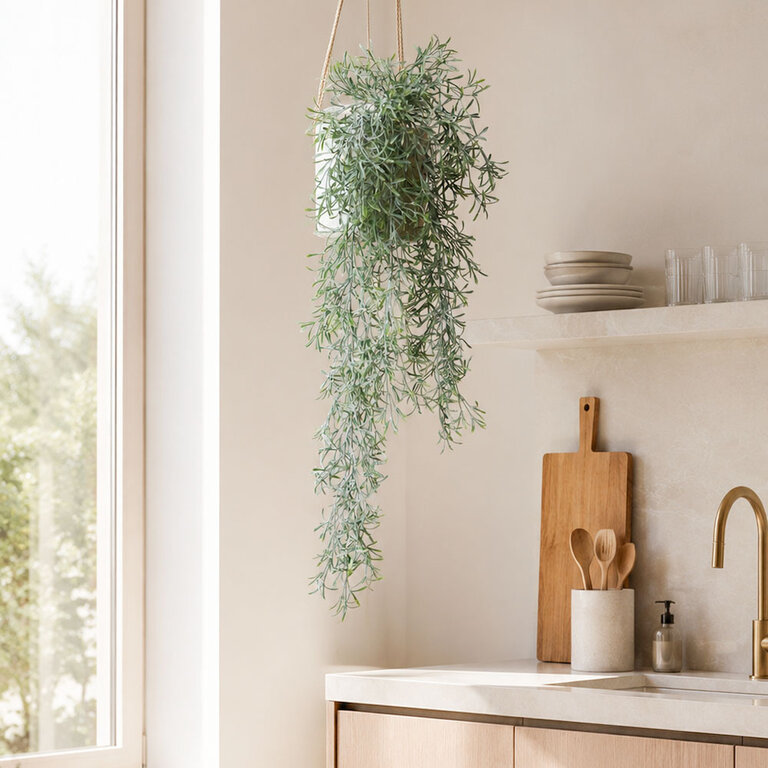 Kunstplant hangend Asparagus Sprengeri met groene bladeren is een hangplant met een natuurgetrouwe uitstraling en een lengte van 70 cm.