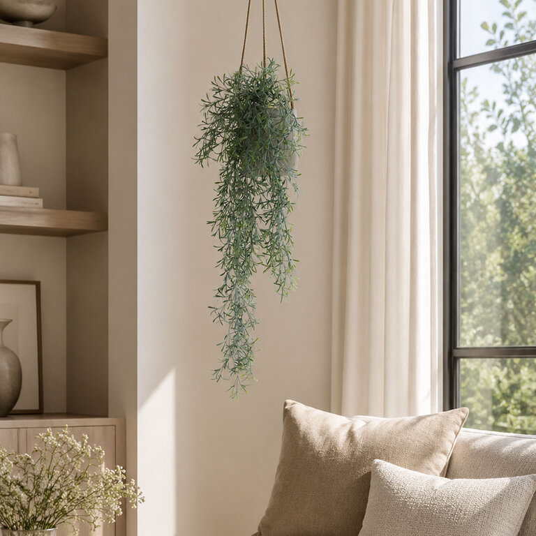 Kunstplant hangend Asparagus Sprengeri met groene bladeren is een hangplant met een natuurgetrouwe uitstraling en een lengte van 70 cm.