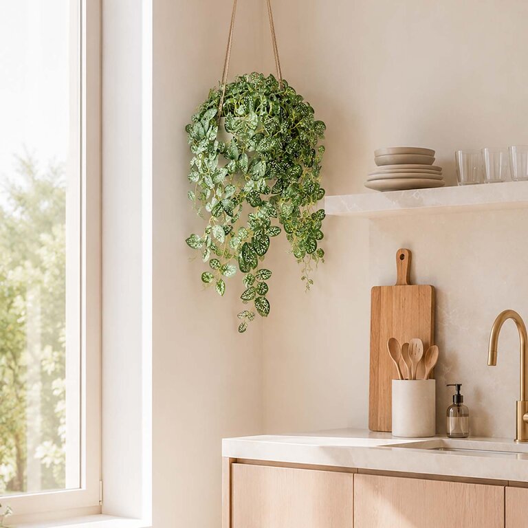 Kunstplant hangend Hypoestes met groenwitte bladeren is een hangplant met een natuurgetrouwe uitstraling en een lengte van 50 cm.