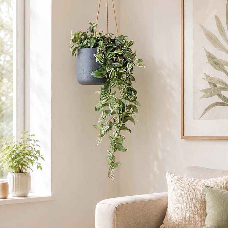 Kunstplant hangend Tradescantia met groenroze bladeren is een hangplant met een natuurgetrouwe uitstraling en een lengte van 95 cm.