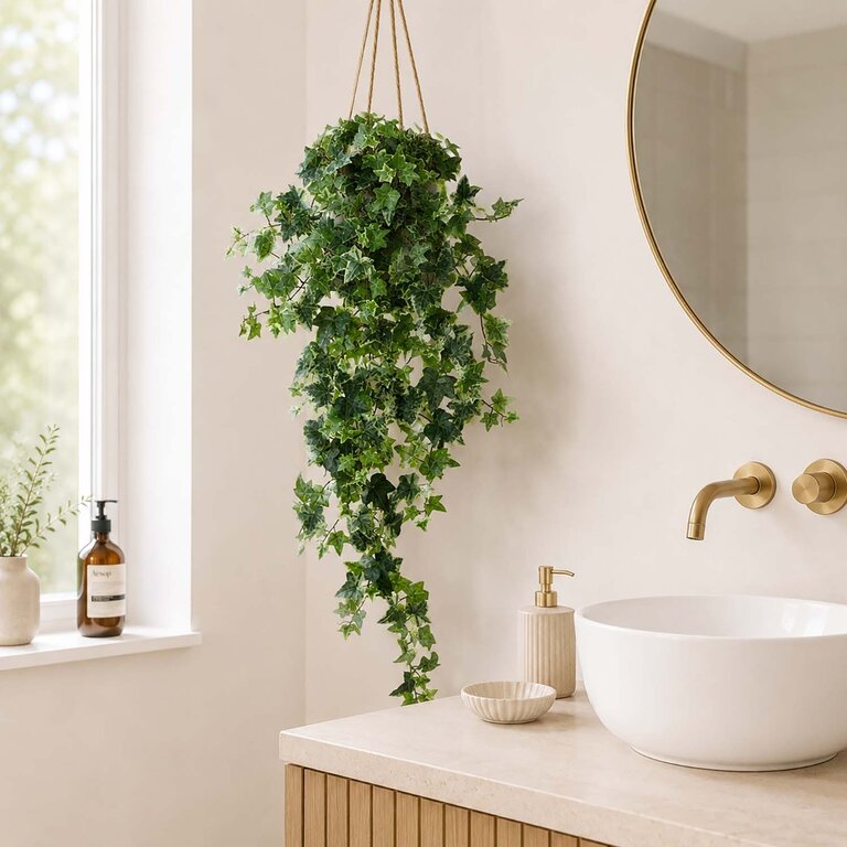 Kunstplant hangend Klimop met groenwitte bladeren is een hangplant met een natuurgetrouwe uitstraling en een lengte van 90 cm.