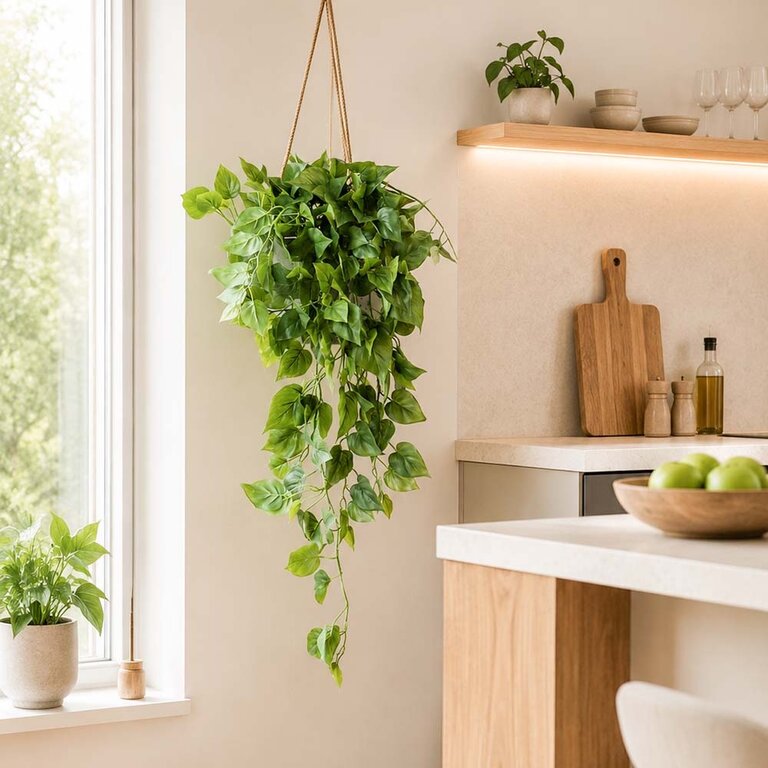 Kunstplant hangend Philodendron met groene bladeren is een hangplant met een natuurgetrouwe uitstraling en een lengte van 85 cm.