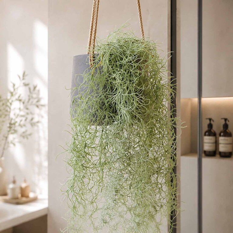 Kunstplant hangend Tillandsia met groengrijze bladeren is een hangplant met een natuurgetrouwe uitstraling en een lengte van 95 cm.