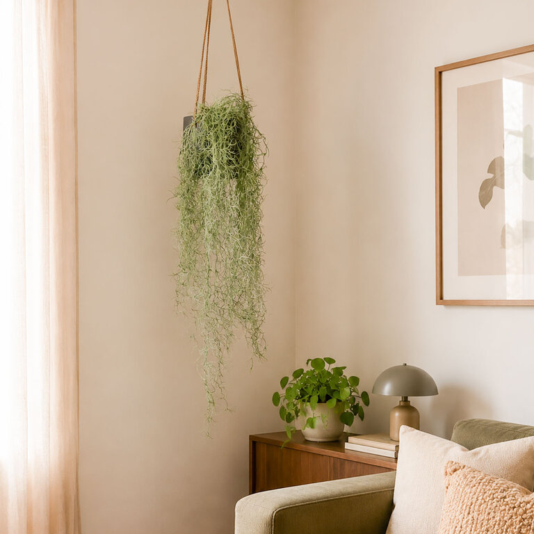 Kunstplant hangend Tillandsia met groengrijze bladeren is een hangplant met een natuurgetrouwe uitstraling en een lengte van 95 cm.