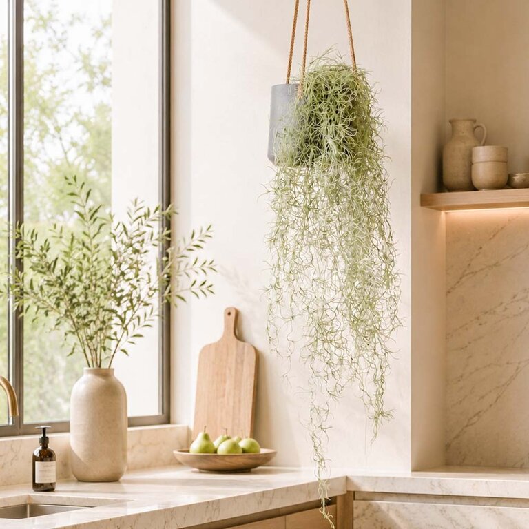 Kunstplant hangend Tillandsia met groengrijze bladeren is een hangplant met een natuurgetrouwe uitstraling en een lengte van 95 cm.