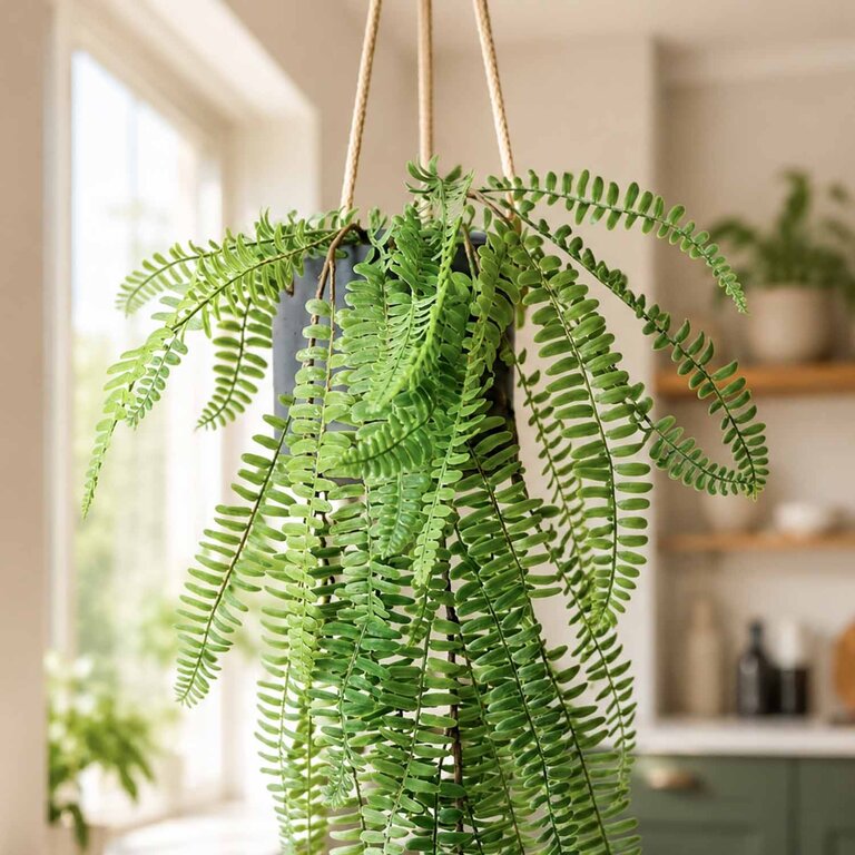 Kunstplant hangend Varen met groene bladeren is een hangplant met een natuurgetrouwe uitstraling en een lengte van 60 cm.