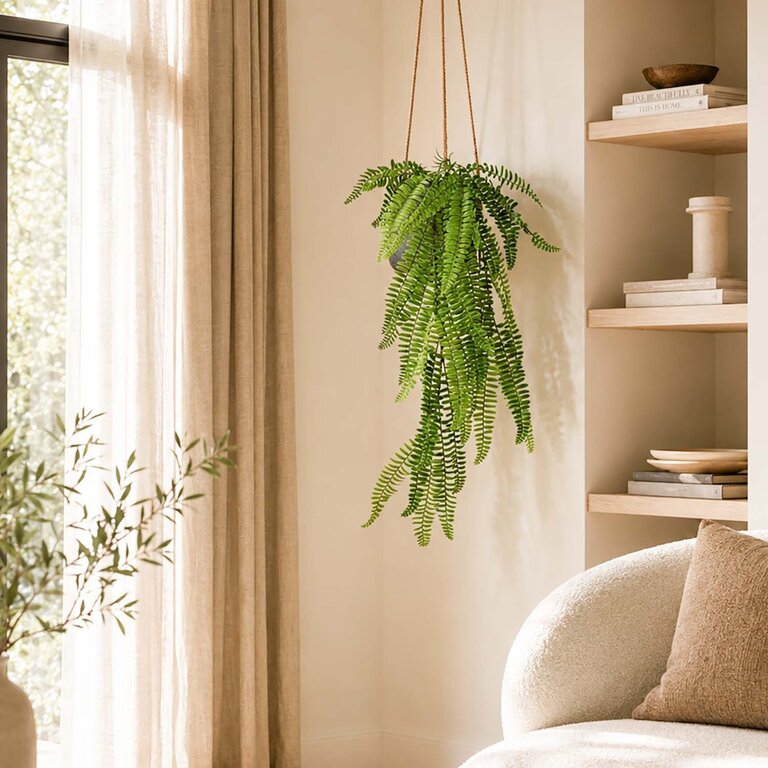 Kunstplant hangend Varen met groene bladeren is een hangplant met een natuurgetrouwe uitstraling en een lengte van 60 cm.