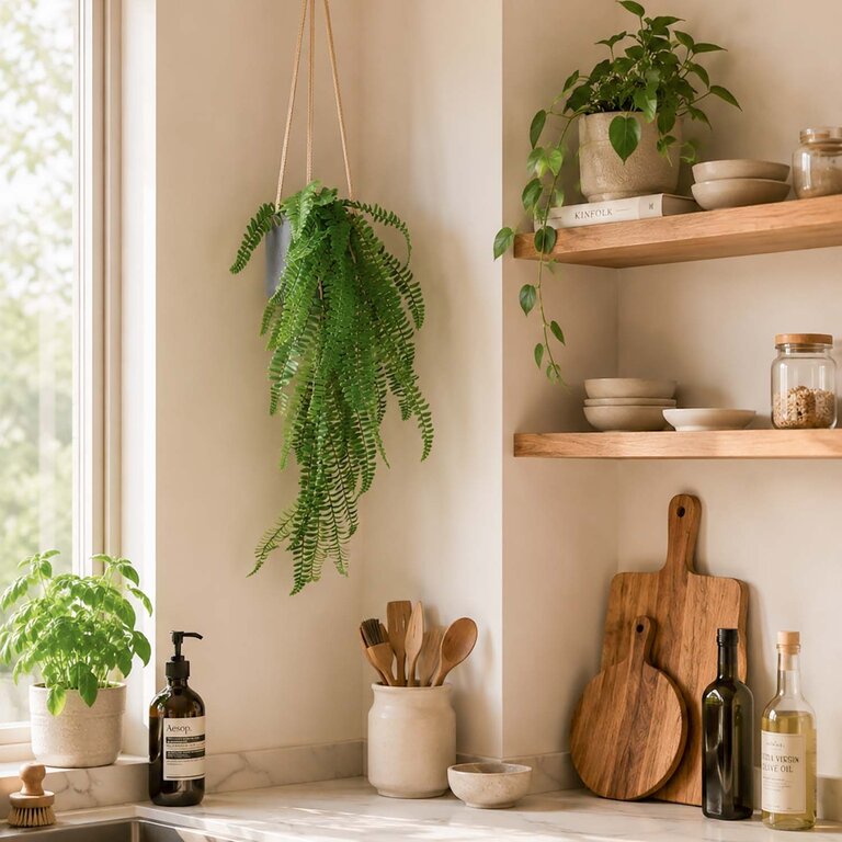 Kunstplant hangend Varen met groene bladeren is een hangplant met een natuurgetrouwe uitstraling en een lengte van 60 cm.