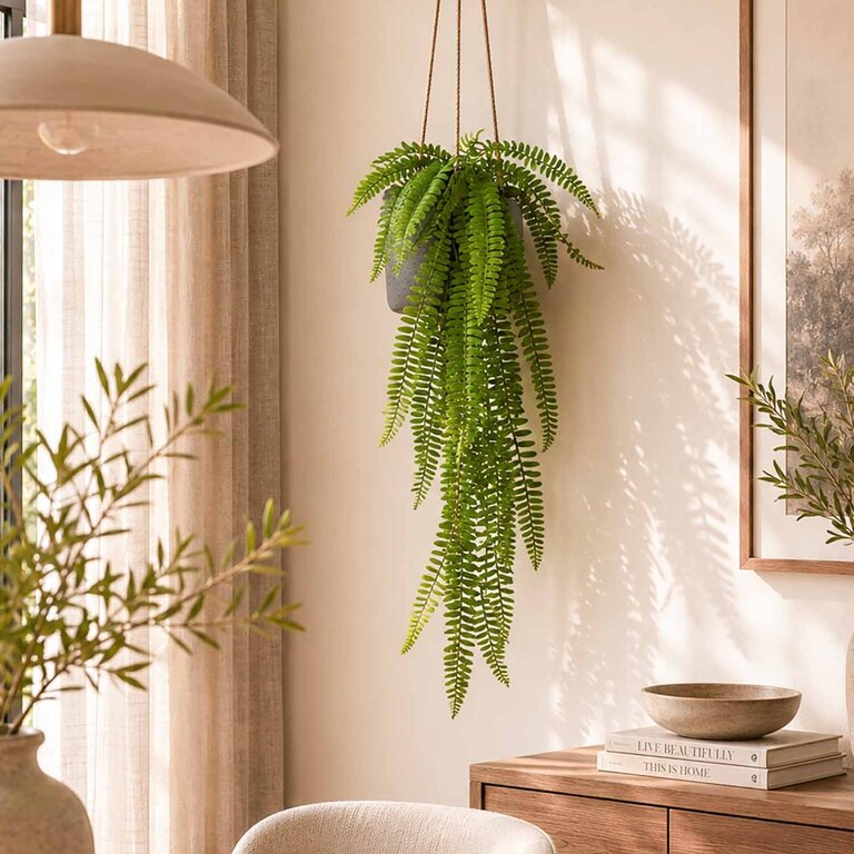 Kunstplant hangend Varen met groene bladeren is een hangplant met een natuurgetrouwe uitstraling en een lengte van 60 cm.
