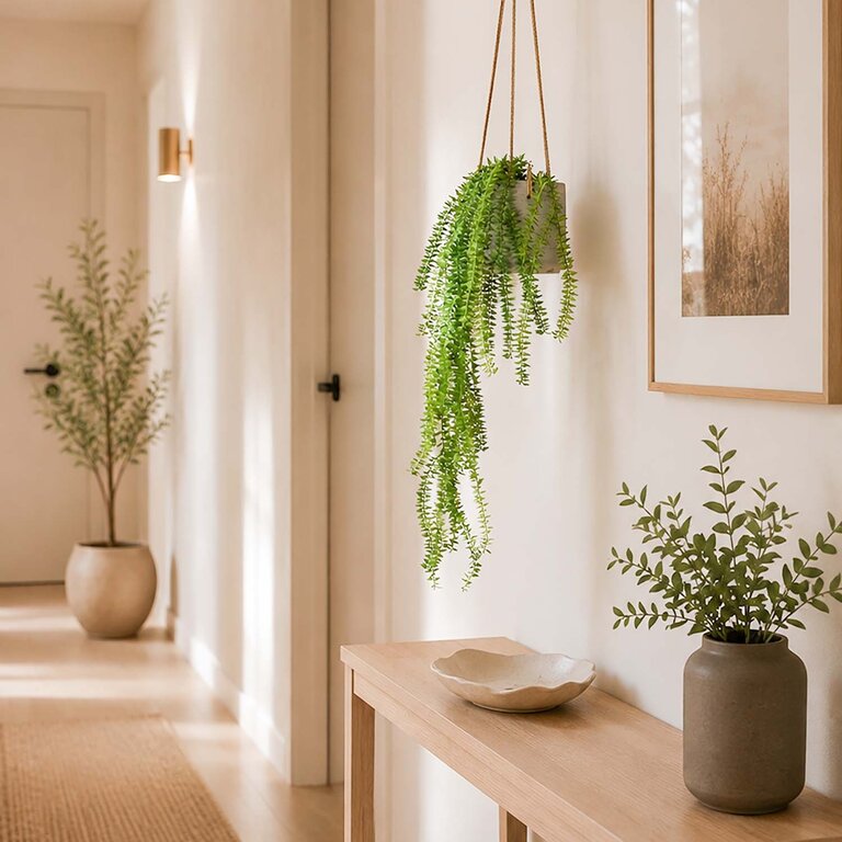 Kunstplant hangend Varen met groene bladeren is een hangplant met een natuurgetrouwe uitstraling en een lengte van 70 cm.