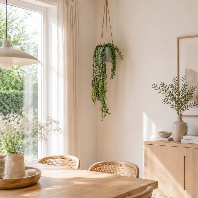 Kunstplant hangend Varen met groene bladeren is een hangplant met een natuurgetrouwe uitstraling en een lengte van 70 cm.