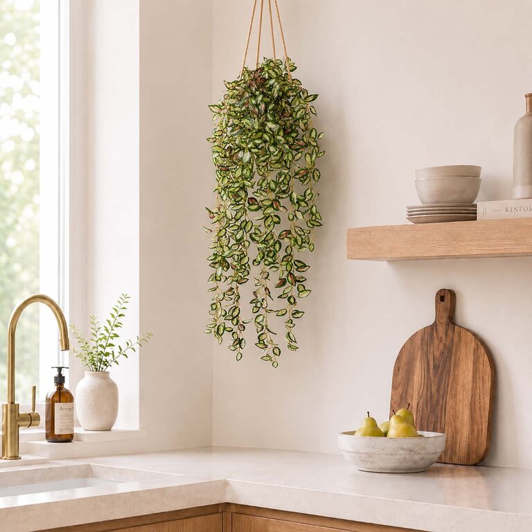 Kunstplant hangend Hoya met groengele bladeren is een hangplant met een natuurgetrouwe uitstraling en een lengte van 95 cm.