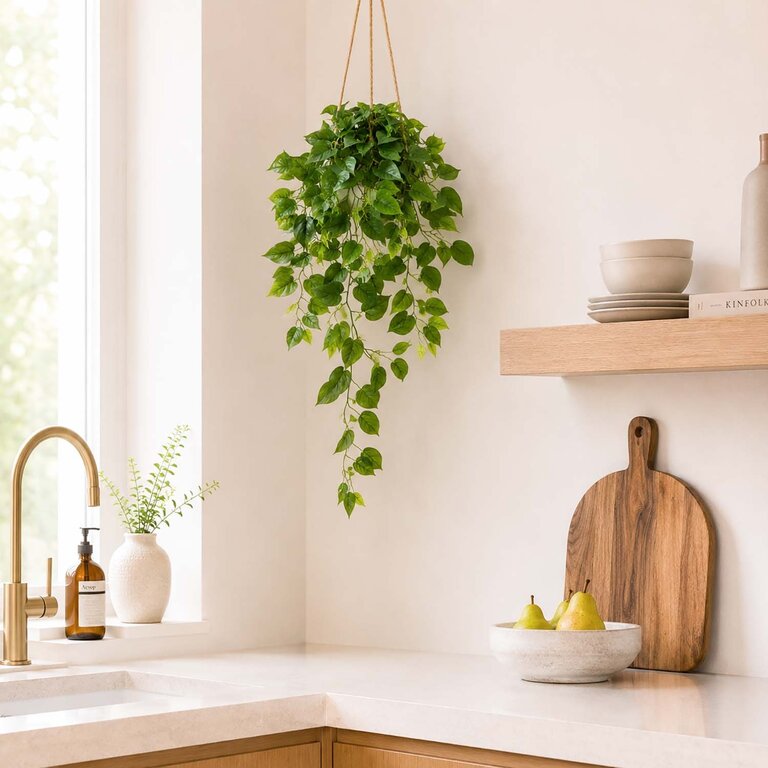 Kunstplant hangend Philodendron met groene bladeren is een hangplant met een natuurgetrouwe uitstraling en een lengte van 85 cm.
