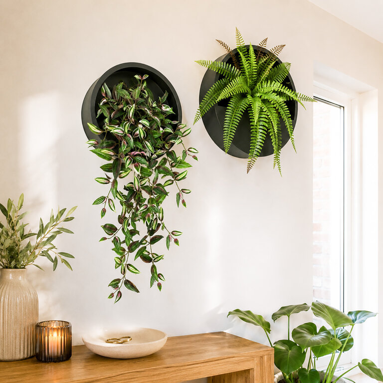 Kunstplant hangend Tradescantia met groenroze bladeren is een hangplant met een natuurgetrouwe uitstraling en een lengte van 70 cm.