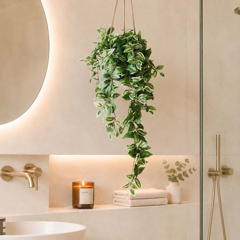 Kunstplant hangend Tradescantia met groenroze bladeren is een hangplant met een natuurgetrouwe uitstraling en een lengte van 95 cm.
