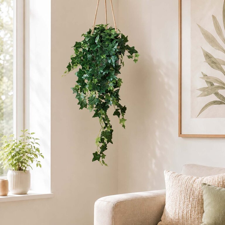Kunstplant hangend Klimop met groene bladeren is een hangplant met een natuurgetrouwe uitstraling en een lengte van 90 cm.